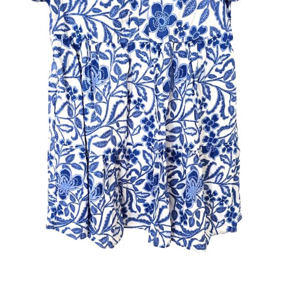 NWOT  Blue Floral Mini Dress Sz L 100% Cotton Tiered Puff Sleeve Prairie Boho - Picture 7 of 8